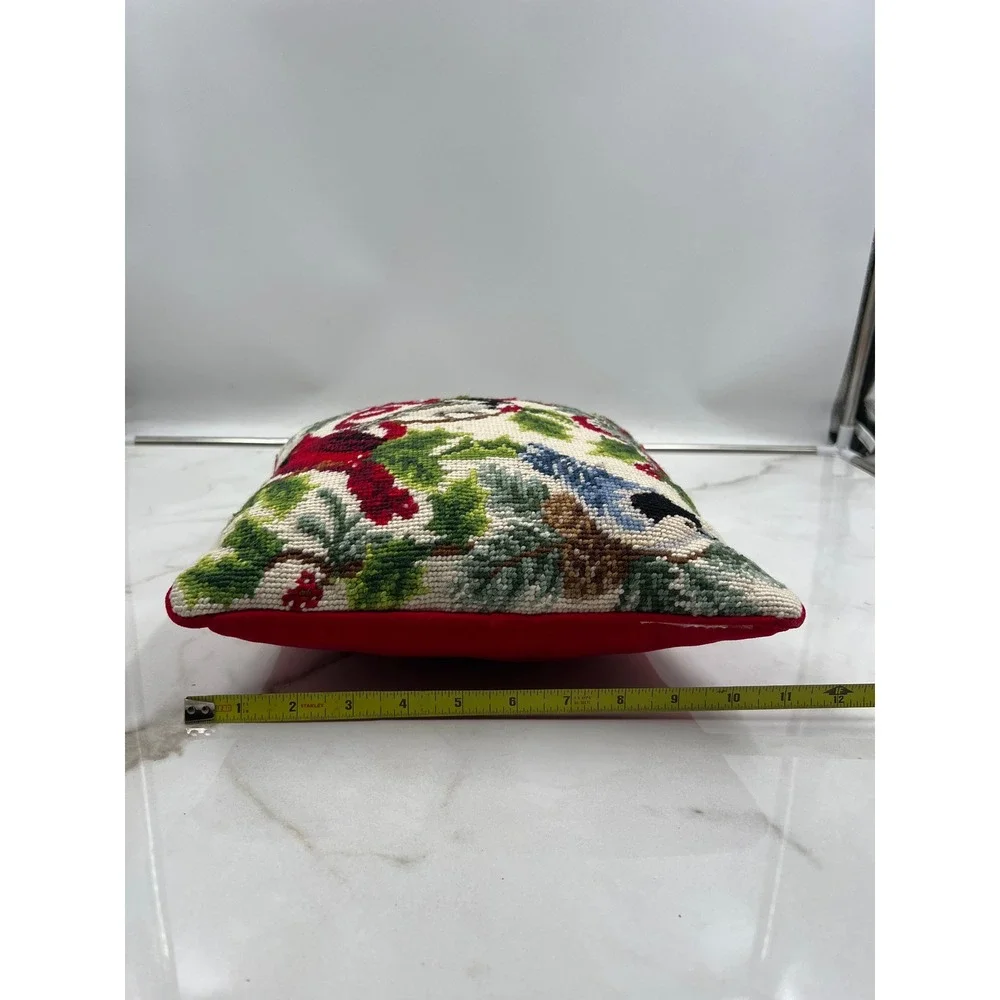 Vintage Needlepoint Christmas Bird Pillow Cardinal Chickadee Blue Jay Red Velvet